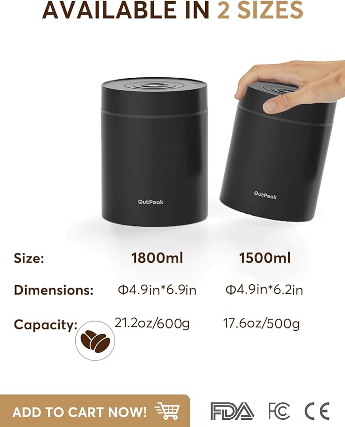 OUTPEAK Neo Latest Kilo Auto Vacuum Coffee Canister, 1.5L Capacity for 17.6oz of Coffee Beans, One-Button Operation, Stainless Steel Coffee Storage Container with Scoop (Barista Champion's Choice)