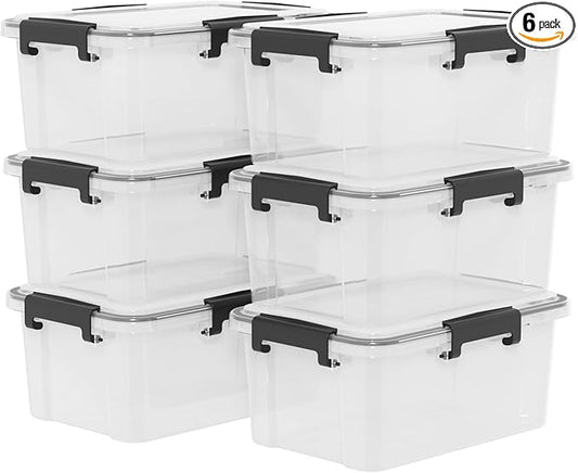 Set of 6 12 Quart Plastic Stackable Storage Bins with Gasket Seal Lids, Watertight Storage Container, Clear Latch Box Tote