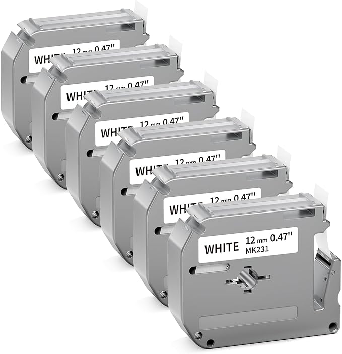 M-K231 Compatible with M-K231s Brother M Tape 12mm 0.47 White P Touch MK231 M231 M-231 PTM95 Label Tape Work for Brother PT-M95 PT-65 PT-45 PT-80 PT-70 PT-90 Label Maker Refills, 6 Pack