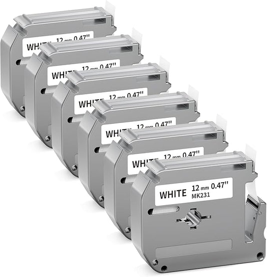 M-K231 Compatible with M-K231s Brother M Tape 12mm 0.47 White P Touch MK231 M231 M-231 PTM95 Label Tape Work for Brother PT-M95 PT-65 PT-45 PT-80 PT-70 PT-90 Label Maker Refills, 6 Pack