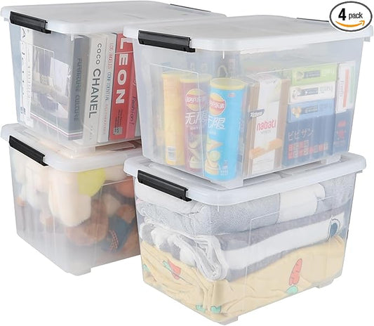 Wekioger 50 Quart Clear Latching Box with Wheels, 4 Packs Plastic Lidded Storage Bin