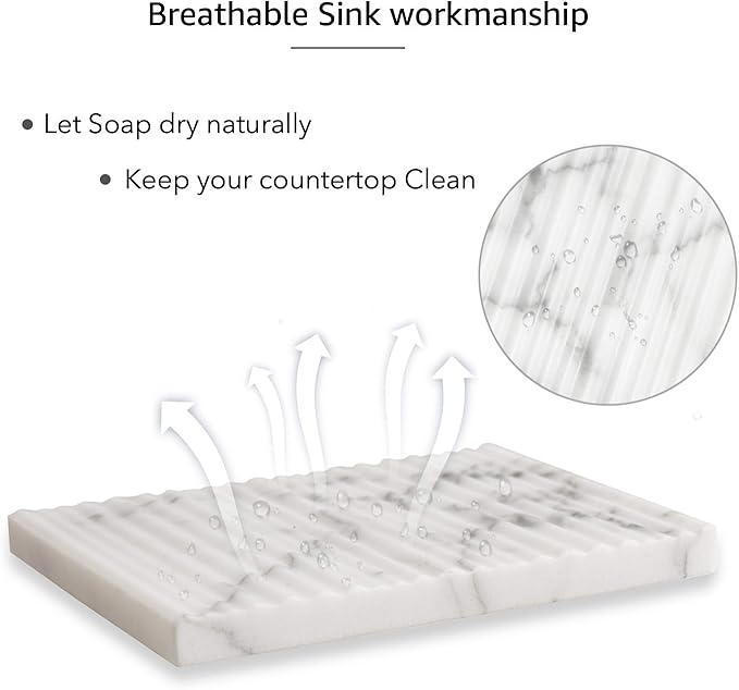 White Marble Soap Dish Holder Jewelry Ring Tray Sink Dish Sponge Holder for Bathroom Shower, and Kitchen