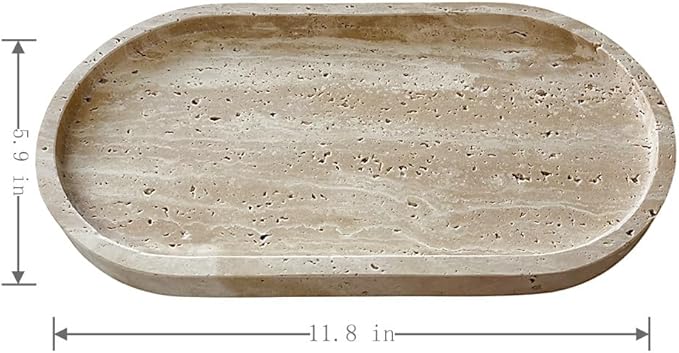 SAIDKOCC Marble Oval Handmade Tray Ornaments Vintage Tray Storage Dish for Counter,Coffee Table,Nightstand and Desk,Bathroom (Beige Travertine)