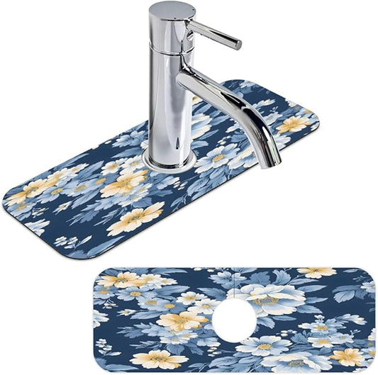 Deep Blue Floral Kitchen Faucet Mat Splash Guard, 15.4”x5.7” Absorbent Quick Drying Sink Mat for Countertop Protection, Draining Mat Sink Protectors For Kitchen Bathroom, 2 Pack