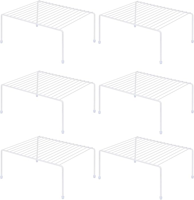 Set of 6 - Kitchen Storage Shelf Rack (13.1 x 10.2 Inch)/Plastic Feet - Medium - Steel Metal - Rust Resistant Finish - Cups, Dishes, Cabinet & Pantry Organization - Kitchen (White)