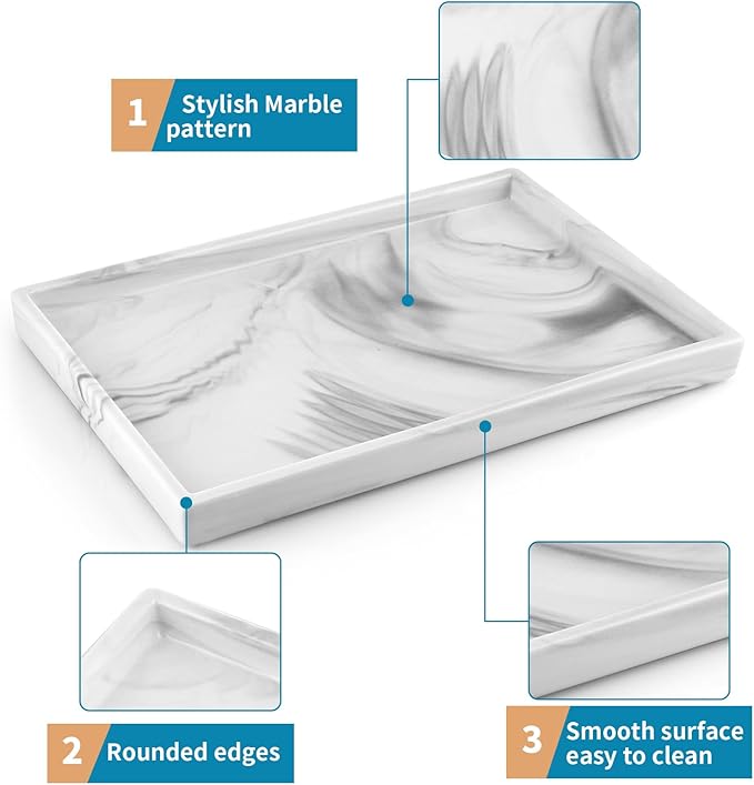 Sanbege 12" Large Ceramic Vanity Tray, Rectangle Perfume Plate Organizer, Jewelry Holder Dish, Non Slip Decorative Tray for Bathroom, Bedroom, Kitchen, Coffee Table (Marble Grey)