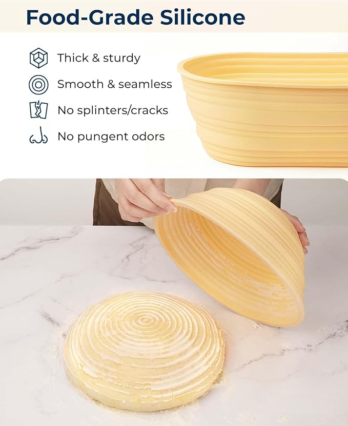 Lorzon Silicone Banneton Bread Proofing Baskets Set of 2, 9" Round & 10" Oval Foldable Sourdough Proofing Baskets with Sourdough Bread Baking Supplies, Including Bread Lame, Dough Scraper
