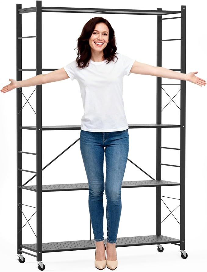 ALANNG 40" W Foldable 5-Tier Storage Shelves with Wheels, Adjustable & Removable Metal Rack, Heavy Duty Rolling Organizer for Kitchen, Garage, Closet, Pantry, and Office (Black,3 Pack)