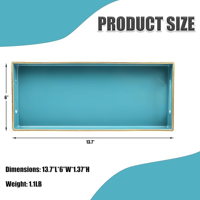 Leemxiiny Teal Blue Vanity Tray with Handles, Decorative Tray Desktop Storage Organizer for Bathroom, Living Room, 5.9"*13.7"