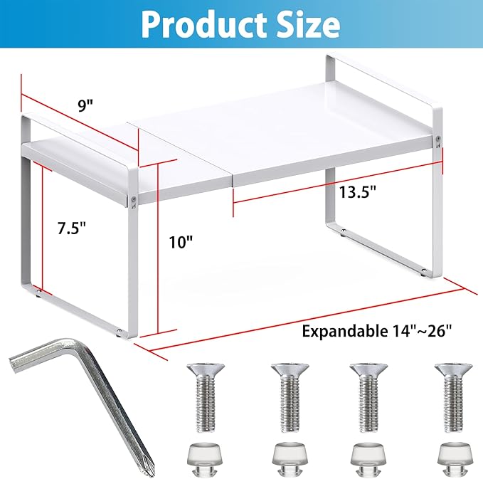 9'' Wide Expandable Cabinet Shelf Organizer Rack Adjustable Length 14''-26'' Pantry Shelf Spice Rack Heavy Duty Nonslip Kitchen Counter Storage Shelves Pantry Cupboard Under Sink Countertop, White