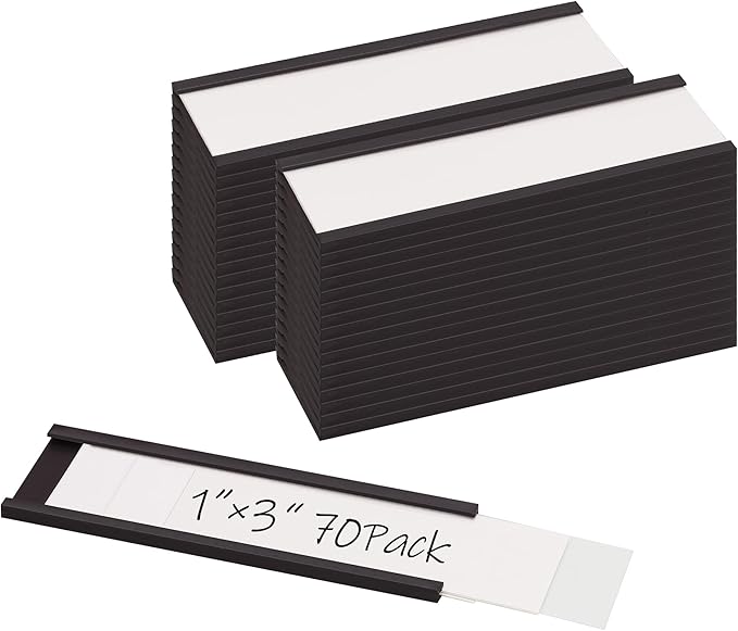 Realth C Channel Magnetic Label Holders 70 Pack 1'' x 3'' with Paper Inserts and Clear Plastic Protectors, Magnetic Data Card Holders File Cabinet Labels for Metal Racks and Shelves