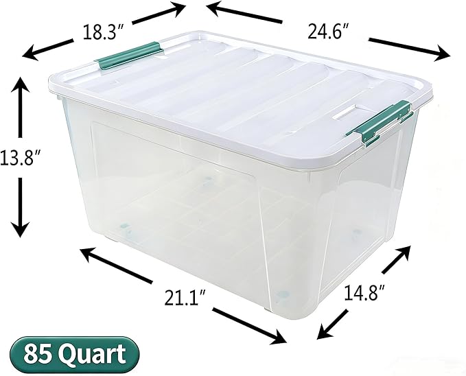 85 Quart Plastic Storage Bin, Stackable and Nestable Storage Boxes with Lids and Secure Latching Buckles, Large Storage Container for Home, Office, Garage (Clear, 85QT-4Pack)