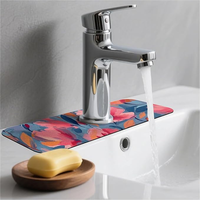 Kitchen Sink Splash Guard，Coral-colored flowers Faucet Mat Sink Gadgets-Super Absorbent Fast Drying Mat Drip Catcher for Kitchen, Bathroom,Sink Mat, Dish Drying Mat, Bathroom(15" X 5.5" )
