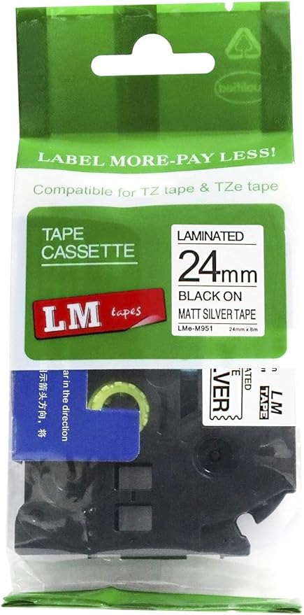 1/Pack LM Tapes - LMeM951 Premium 1" Black Print on Matte Silver Label Compatible with Brother TZe-M951 P-Touch and Includes Tape Color/Size Guide. Replaces TZ-M951 24mm 0.94 Laminated Ptouch.