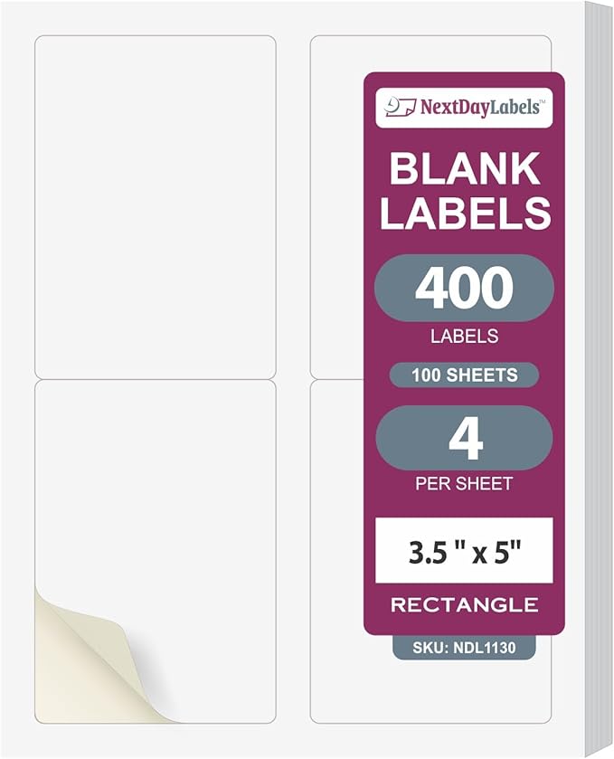 NextDayLabels 3.5x5 Inch Rectangle Stickers White Blank Labels for Laser Inkjet Printer - 4 Per Sheet Self-Adhesive Shipping Address Mailing Made in USA - 1000 Labels