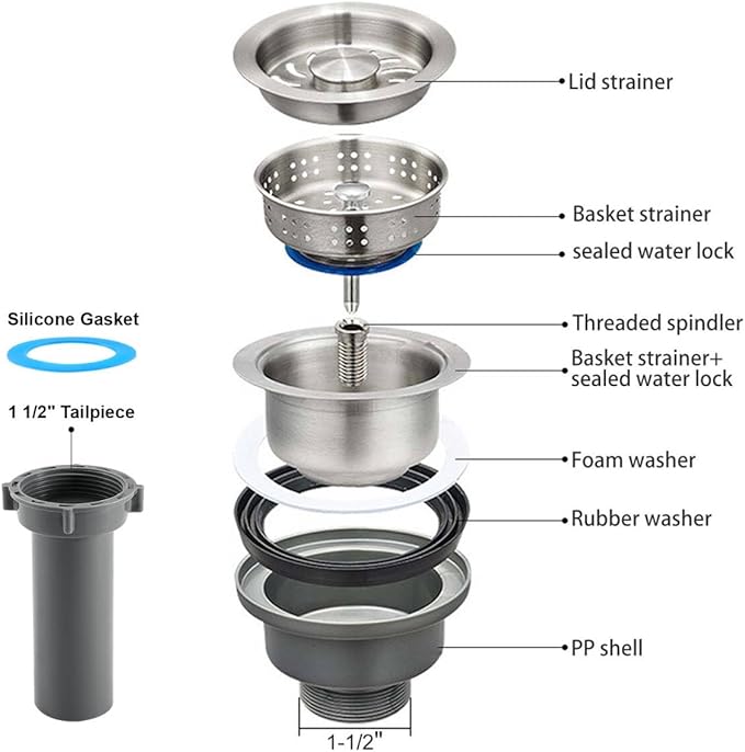 3-1/2'' ﻿Kitchen Sink Drain Kit Sink Drain Basket Sink Drain Assembly 304 Stainless Steel Sink Strainer Basket Stopper for Home Standard Kitchen Sinks （1 1/2" Tailpiece）