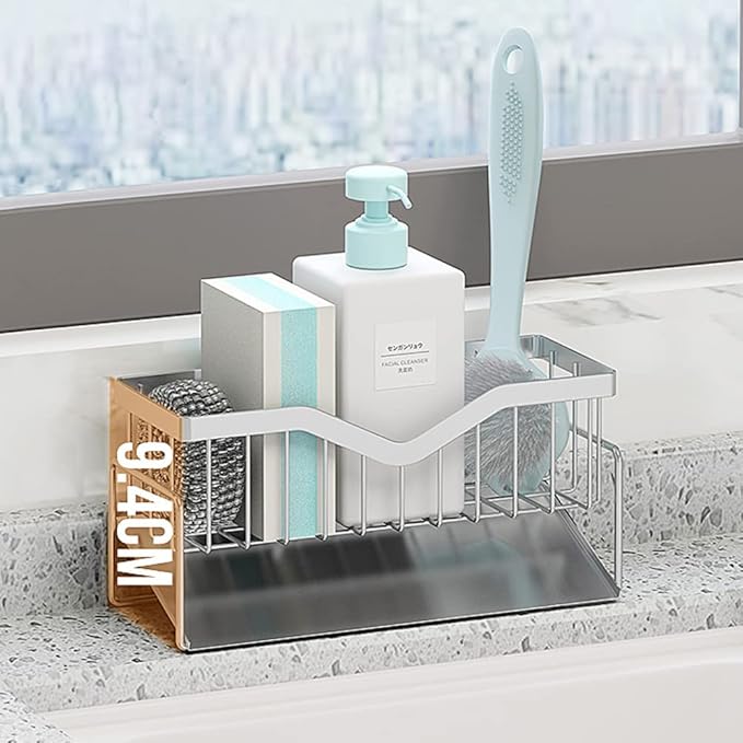 Kitchen Sink Caddy Sponge Holder , 304 Stainless Steel Kitchen Soap Dispenser Caddy Organizer - Quick Draining, Stainless Steel Tray - Holds Sponge, Dish Soap Dispenser, Cleaning Towel, Scrubber