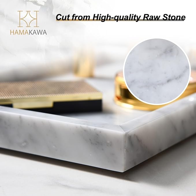 HAMAKAWA Large Bathroom Vanity Tray, Real Natural Marble Sink Tray 12 inch, Carrara White Stone Toilet Tank Trays, Modern Dresser Trays, Countertop Organizer for Kitchen Counter, Soap Dispenser