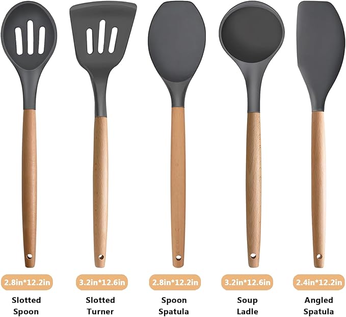 IOCBYHZ Silicone Cooking Utensils Set 5-Piece Non-Stick Kitchen Utensil Set, Wood Handle Heat Resistant Spatula Spoon Turner Soup Ladle Silicone Cooking Kitchen Gadgets BPA Free for Nonstick Cookware