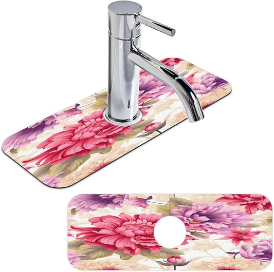 Floral Symphony In Cream Kitchen Faucet Mat Splash Guard, 15.4”x5.7” Absorbent Quick Drying Sink Mat for Countertop Protection, Draining Mat Sink Protectors For Kitchen Bathroom, 2 Pack