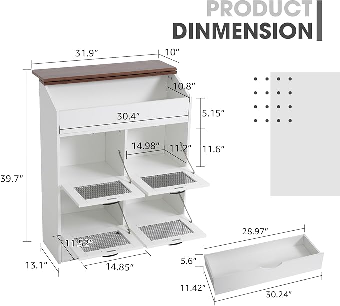 Patiorama Wood Potato and Onion Storage Bin Box, Large Vegetable Storage Box w/Lid,Wooden Bread Storage Bin w/4 Mesh Doors,Movable Bottom Drawer, Farmhouse Potato Storage Bins for Kitchen Pantry White