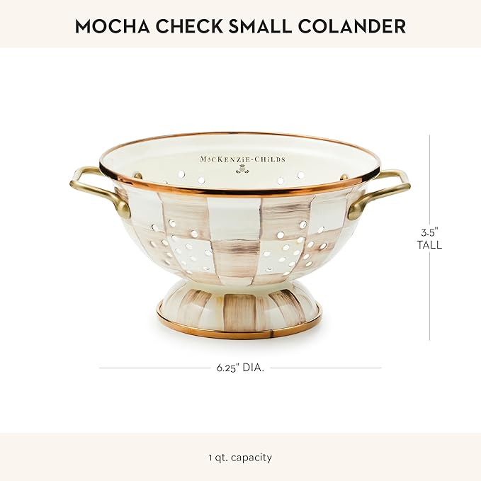 MACKENZIE-CHILDS Enamel Colander, Decorative Kitchen Strainer, Small, Brown-and-White Mocha Check