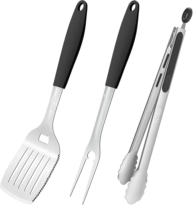 POTWIY BBQ Grilling Accessories, 3Pcs Stainless Steel Grill Tools Accessories Set with Spatula, Fork and Tongs, Barbecue Utensils Grilling Tools for Outdoor Camping, Heat-Resistant Silicone Handle