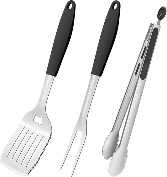 POTWIY BBQ Grilling Accessories, 3Pcs Stainless Steel Grill Tools Accessories Set with Spatula, Fork and Tongs, Barbecue Utensils Grilling Tools for Outdoor Camping, Heat-Resistant Silicone Handle