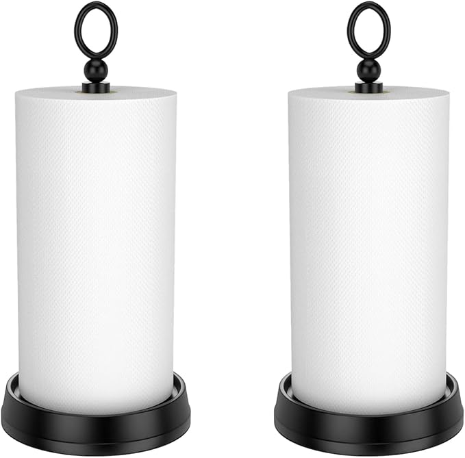 Kasunto Standing Paper Towel Holder, Non-Slip Paper Towel Roll Holder for Bathroom, Stainless Steel Kitchen Paper Towel Stand Countertop (Matte Black, 2 Pack)