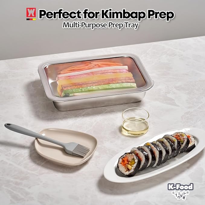 Stainless Steel Food Prep Container Set with Rack & Transparent Lid, Catering Pan, Restaurant Pan, Buffet Party Pans, Hotel Pans, Food Storage (10.63 x 7.87 x 2 inches / 2.38Quarts)