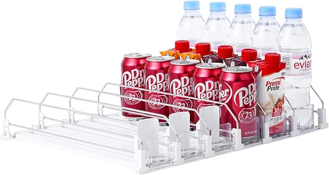 Drink Organizer for Fridge-White Automatic Pusher Glide,12oz 16oz 20oz-Soda Dispenser for Fridge-Holds up to 30 Cans