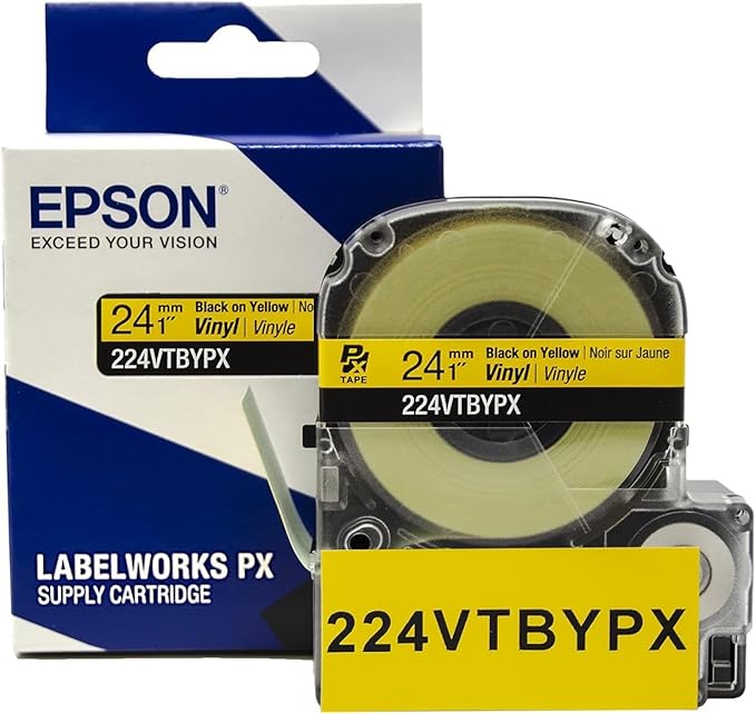 Epson LABELWORKS 224VTBYPX-5PK Genuine Tape Cartridge - Black on Yellow Flexible and Durable Vinyl Industrial Label Maker Tape - 1" (24MM) Wide, 22.9 ft - 5 Pack