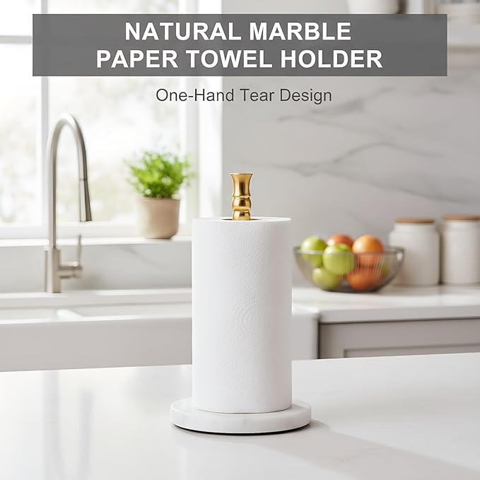 Siwil Paper Towel Holder Stand, One-Handed Ripping Paper Towel Roll Holder Countertop, Heavy Marble Base, NOT Tip Over - (Marble Base, Gold)