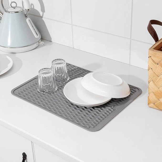 Silicone Dish Drying Mat for Multiple Usage,Easy clean,Eco-friendly,Heat-resistant Silicone Mat for Kitchen Counter or Sink,Refrigerator or drawer liner Grey L 16 inches x 12 inches