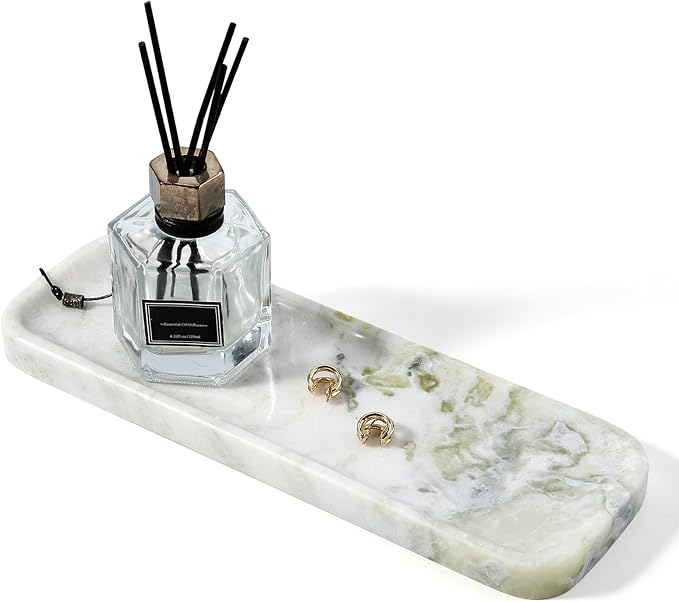 Koville Marble Tray, 12"x4" Marble Vanity Tray for Bathroom Kitchen Countertop Sink, Natural Stone Tray for Home Decor, Decorative Rectangular Narrow Catchall Tray for Jewelry Perfume