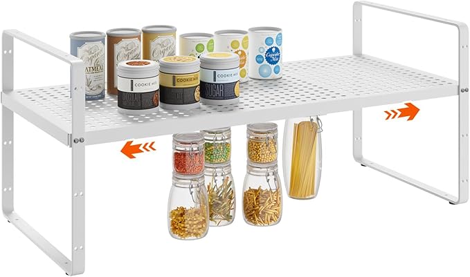 DPZM 16.5-27’’L Expandable Stackable Cabinet Shelves, Adjustable Spice Rack Cabinet Shelf Organizer for Kitchen, Countertop, Pantry and Cupboard, White