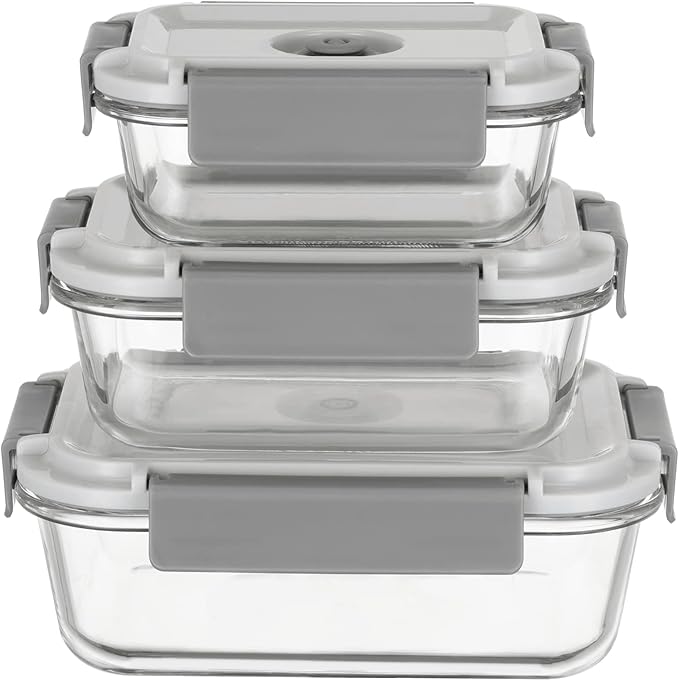 Genicook GENI-FRESH Vacuum Sealable Glass Container and Manual Pump, Set of 3, Grey, Kitchen Accessories
