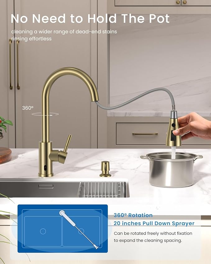 APPASO Touchless Kitchen Faucet Gold, Touchless Kitchen Faucet with Soap Dispenser, Pull-Down Sprayer, Single Handle Stainless Steel, Hands Free for 1-4 Hole Sink, Brushed Gold, Easy Installation