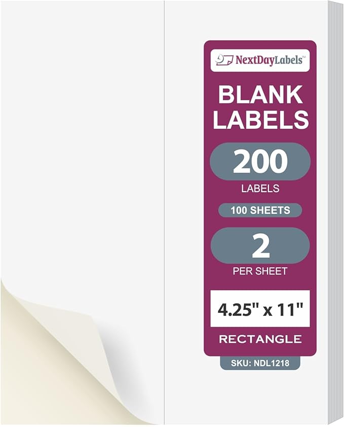 NextDayLabels 4.25x11 Inch Rectangle Stickers White Blank Labels for Laser Inkjet Printer - 2 Per Sheet Self-Adhesive Shipping Packaging Product Made in USA - 200 Labels