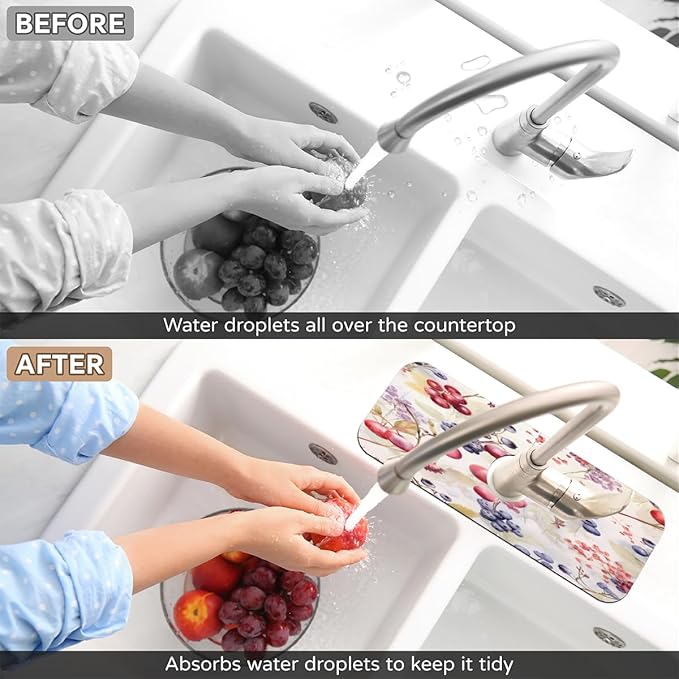 Watercolor Berry Cluster Kitchen Faucet Mat Splash Guard, 15.4”x5.7” Absorbent Quick Drying Sink Mat for Countertop Protection, Draining Mat Sink Protectors For Kitchen Bathroom, 1 Pack