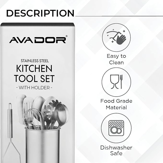 Avador® Premium Set of 10 Stainless Steel (BLACK HOLDER) Kitchen Tool Set with Holder Easy To Clean, Space Saving, Great for Cooking, Baking, Prepping (BLACK)