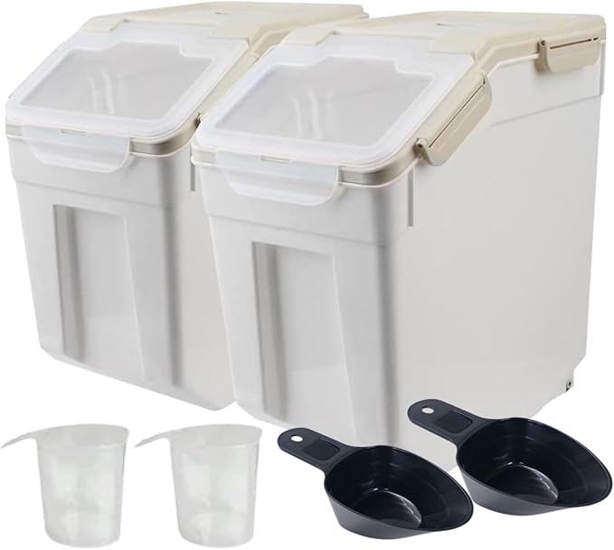 Saim Flour Container Set of 2 (50 lbs), Large Rice Storage Container with Measuring Cup & Scoop, BPA Free Rice Dispenser, Cereal & Dry Food Bin, Kitchen Organizer for Beans, Oatmeal and Grains - Gray
