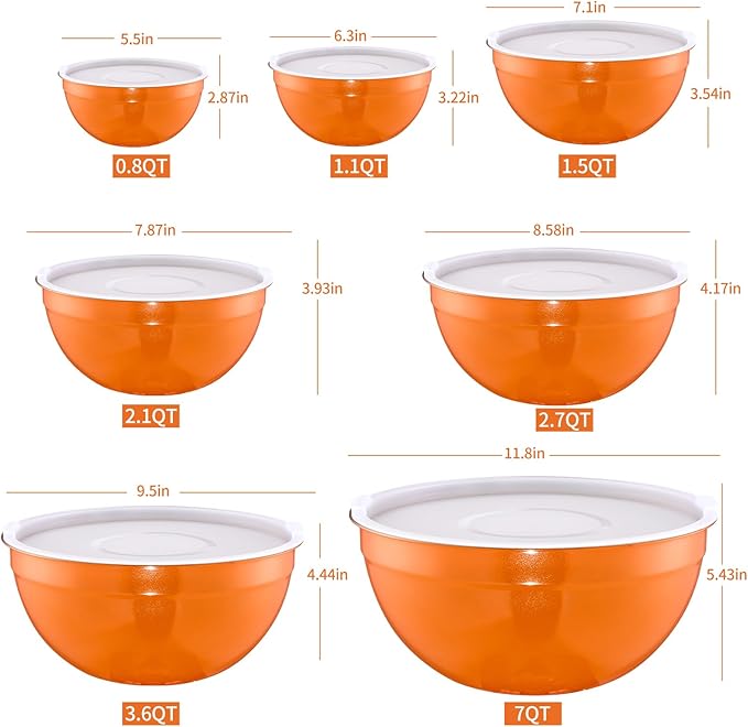 Onlycooker Orange Mixing Bowls With Airtight Lids,Stainless Steel Bowl,Salad Bowls 7 Piece Colorful Nesting Bowl Orange Kitchen Accessories,Size 7,3.6,2.7,2.1,1.5,1.1,0.8QT Stackable Design