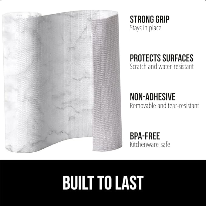GORILLA GRIP DripGuard Shelf Liner, Non Adhesive Drawer and Kitchen Cabinet Protector, Slip Resistant BPA Free Smooth Surface Plastic Liners for Cabinets, Bathrooms, Closets, 12x120 Inch, Marble