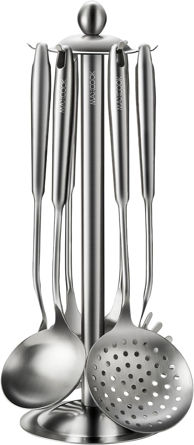 MAXCOOK Cooking Utensils set, 18/8 Stainless Steel Kitchen Utensils set, 7 Pieces Cookware Set with Rotating Holder, Heat Resistant Stainless Steel Cooking Spoon(Dishwasher Safe)
