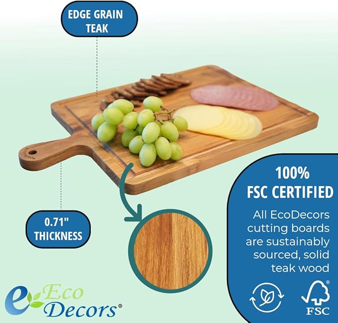 EcoDecors 19"x12" Teak Cutting Board with Juice Groove & Handles, FSC Certified Edge Grain Wood, Large Carving Board for Kitchen & Serving
