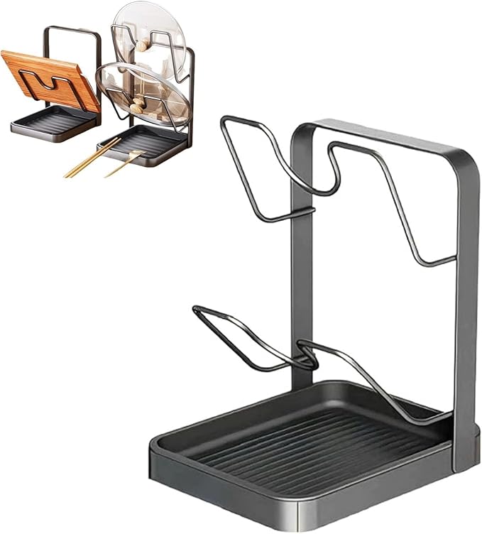 Pot Lid Holder with Spoon Rest, Kitchen Pot Lid Storage Rack with Removable Tray, Lid Holder While Cooking, Lid And Spoon Rest, Multifunctional Kitchen Organizer Stand for Countertop (Gray)