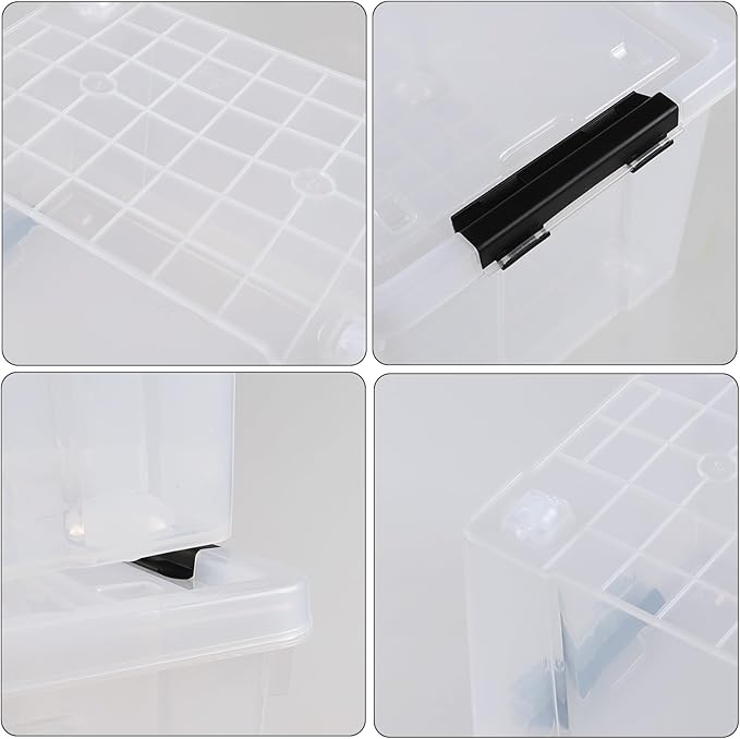 Hespama 34 Quart Clear Latching Storage Box, 4 Packs Plastic Storage Bins with Wheels