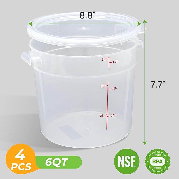 BIEAMA 4 Pack Round Food Storage Containers with Lids, 6Qt Translucent Commercial Food Container, Polypropylene, BPA Free, Includes Labels & Measuring Cups