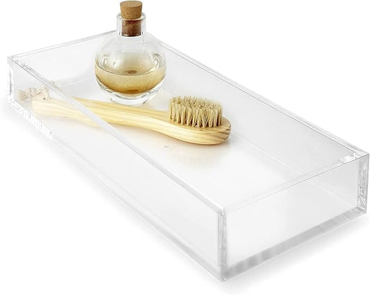 Huang Acrylic Clear Catchall Decorative Tray | Minimalistic Design for Keys, Wallet, Perfume, Jewelry, or Makeup | Rectangular Organizer Tray for Vanity, Dresser, Bathroom, Bedroom | 14 x 6.25 inches